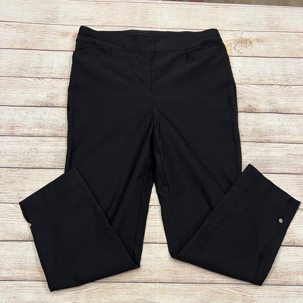 Chicos Black Straight Leg Pants Womens Size 10R Side Snap Detail Comfort Stretch
